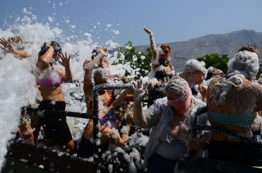 City of Side: Green Canyon Jeep Tour, Boat Trip & Waterfall - Safety briefing meets water fights: the jeep safari vibe
